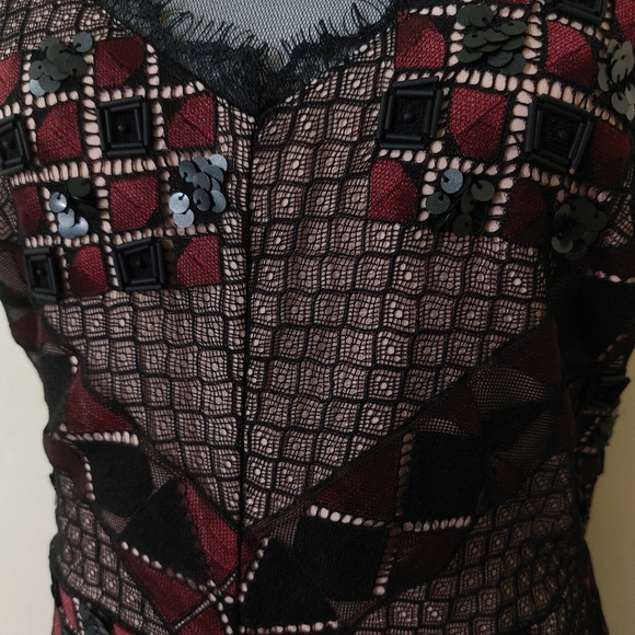 Greylin Burgundy Black Lace Sequin Beaded Detail Bodycon Halter New Years Dress - Picture 5 of 12